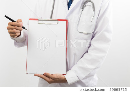 Doctor showing blank clipboard Isolated on white  39665715