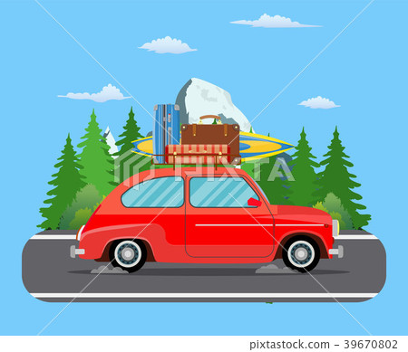 Road travel trailer driving on forest area road. Road travel trailer driving on forest area road. 39670802