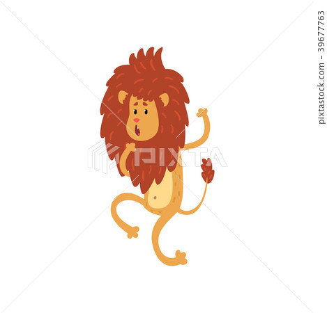 Cute funny lion cub cartoon character walking on 39677763