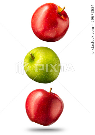 Falling red and green apples on white background 39678684