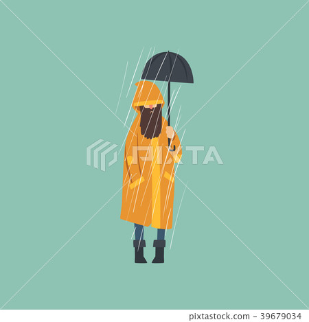 Bearded man in orange raincoat with umbrella over 39679034