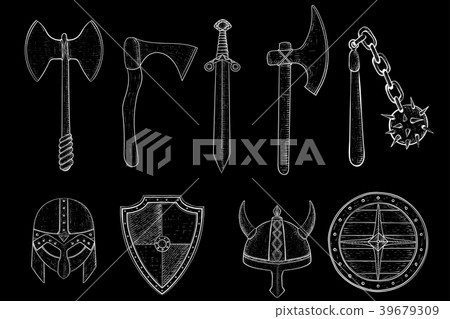 Old viking weapons - ax, sword, flail, shields Old viking weapons - ax, sword, flail, shields 39679309
