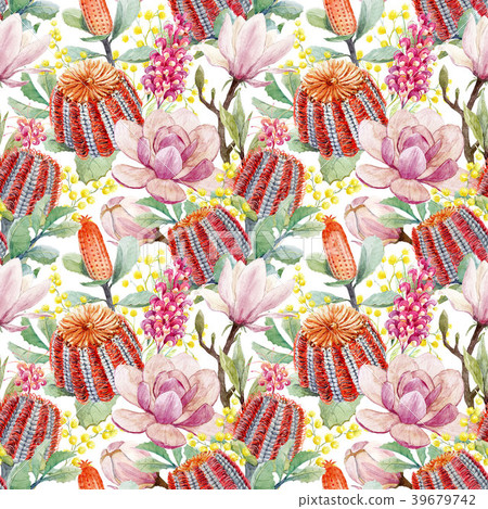 Watercolor australian banksia and magnolia pattern 39679742