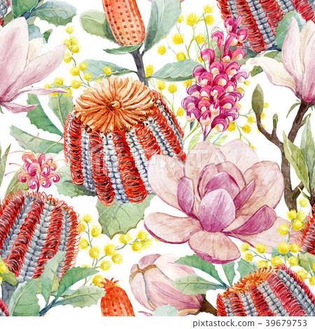 Watercolor australian banksia and magnolia pattern 39679753