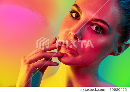 High Fashion model woman in colorful bright lights 39680433