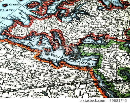 World map old map map map europe mediterranean map 1627 drafting embossed paper printing 39681743