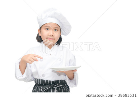 cute girl chef pointing to empty dish 39683531