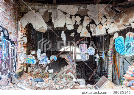 Collapsed broken roof at abandoned building 39685145