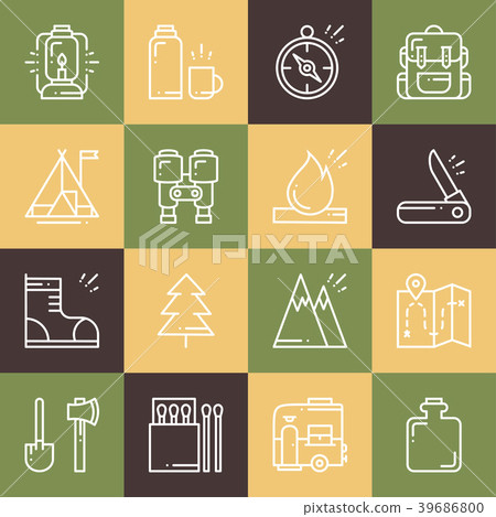 Hiking and Camping Line Icons Set. Outdoor Camp - Stock Illustration ...