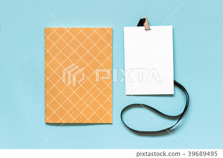 White blank paper badge mockup and notebook 39689495