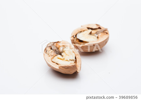 Open walnuts isolated on white background 39689856