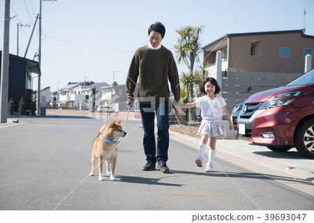 Daughter and father of a schoolchild who walks a dog 39693047