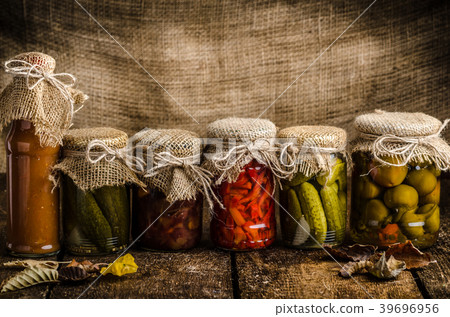 Cooked vegetables, pickles, homemade ketchup 39696956