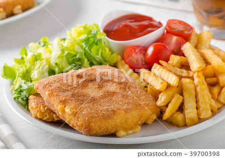 Fried cheese with french fries and lettuce Fried cheese with french fries and lettuce 39700398