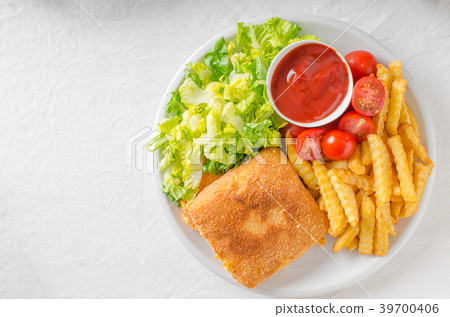 Fried cheese with french fries and lettuce 39700406