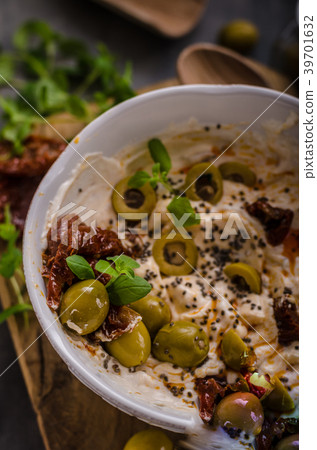 Fresh cheese with olives, dried tomatoes Fresh cheese with olives, dried tomatoes 39701632