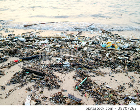 rubber foam plastic and waste pollution on beach 39707262