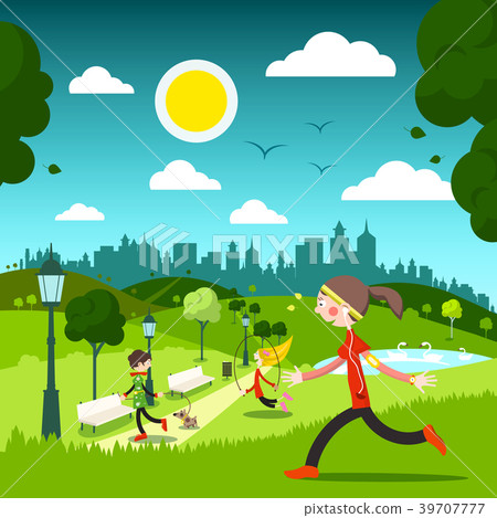Sunny Day in City Park with People - Stock Illustration [39707777] - PIXTA