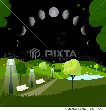 Night City Park with Moon Phases on Sky - Stock Illustration [39708552 ...