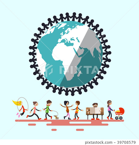 People Around Globe Retro Flat Design Illustration 39708579