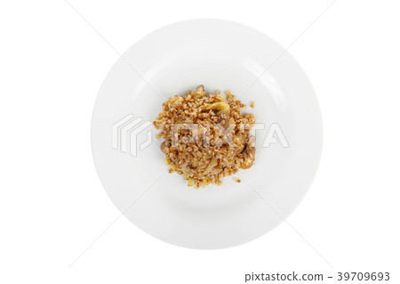 Buckwheat with onions and mushrooms white isolated 39709693