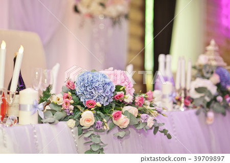 Decoration of the hall with flowers and fabric Decoration of the hall with flowers and fabric 39709897
