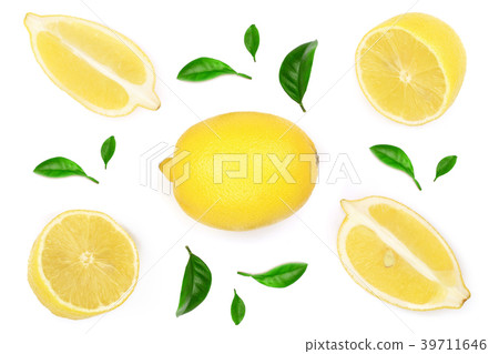 lemon with leaves and slices isolated on white 39711646