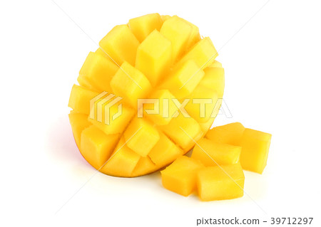 Mango fruit half with cubes isolated on white 39712297