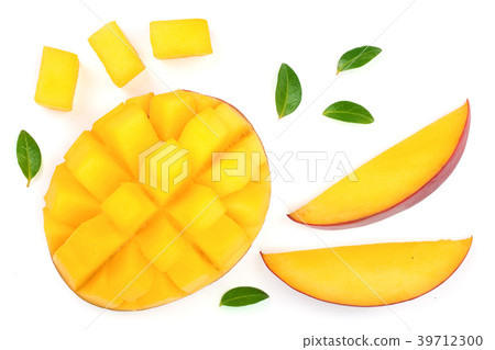 half of Mango fruit decorated with leaves isolated half of Mango fruit decorated with leaves isolated 39712300