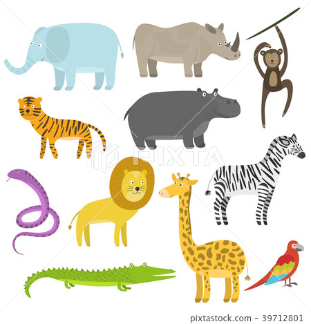 圖庫插圖: cute cartoon flat tropical and jungle animals set