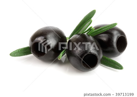 whole black olives with rosemary leaf isolated on whole black olives with rosemary leaf isolated on 39713199