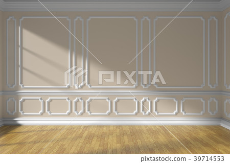 Beige empty room wall with molding and parquet Beige empty room wall with molding and parquet 39714553