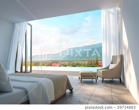 Modern bedroom with mountain view 3d render Modern bedroom with mountain view 3d render 39714803
