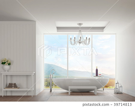 Modern white bathroom with nature view 3d render 39714813