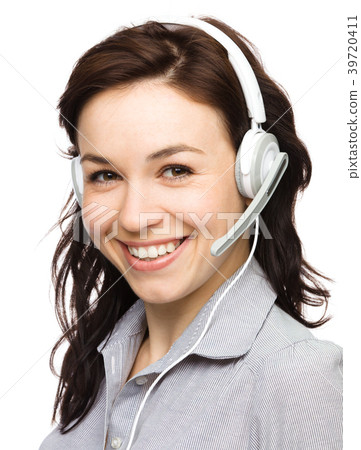 Lovely young woman is talking to customers Lovely young woman is talking to customers 39720411