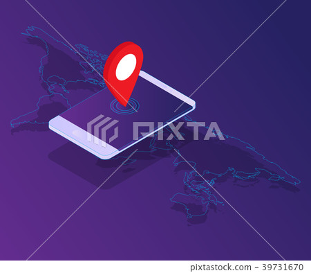 smartphone with red pin location on world map - Stock Illustration ...