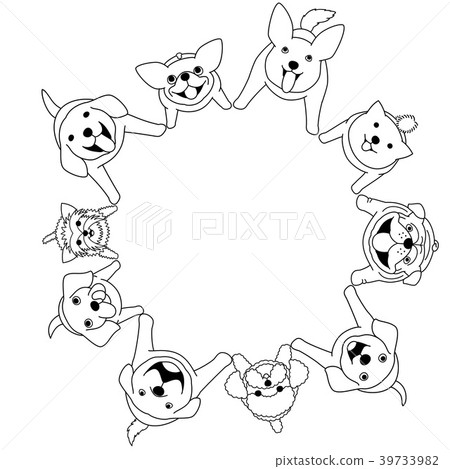 Circle of dogs sitting and looking up Circle of dogs sitting and looking up 39733982