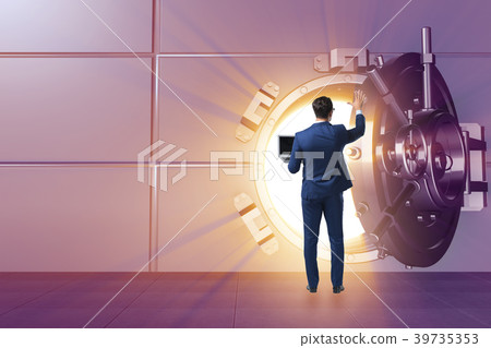 Businessman in front of banking vault door 39735353