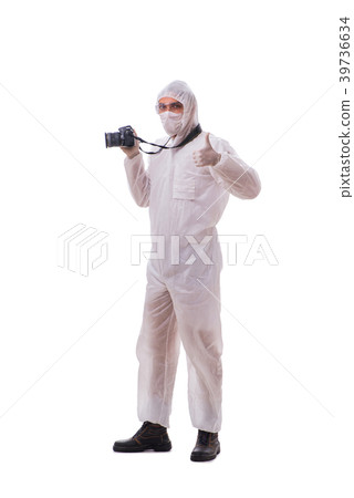 Forensic specialist in protective suit taking Forensic specialist in protective suit taking 39736634
