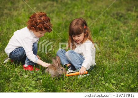 boy and girl playing with rabbit in park 39737912