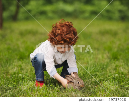 litle boy plays with rabbit in park 39737928