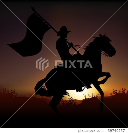 Silhouetted Horseback Cowboy with a Flag Silhouetted Horseback Cowboy with a Flag 39740257