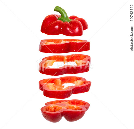 Creative concept with flying red paprika.Sliced floating pepper. Levity capsicum 39742522