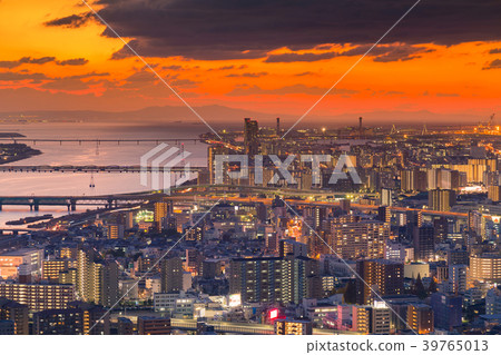 Dramatic sunset tone aerial view crowded Osaka 39765013
