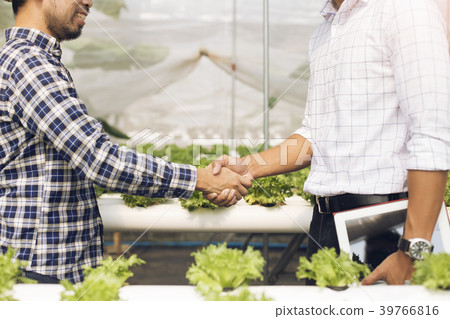 Organic vegetable grower shake hands with customer 39766816