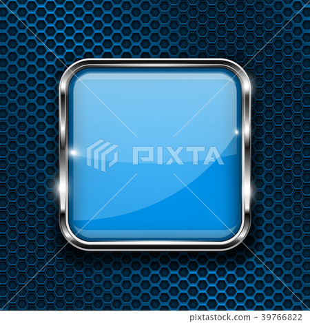 Blue button on perforated background. Square glass 39766822