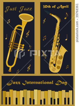 Three banners with different musical instruments