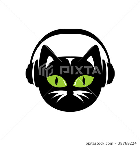 Black cat with headphones logo. Black cat with headphones logo. 39769224