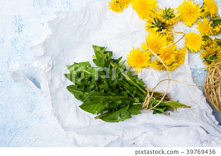 Dandelion leafs and flowers on a table 39769436