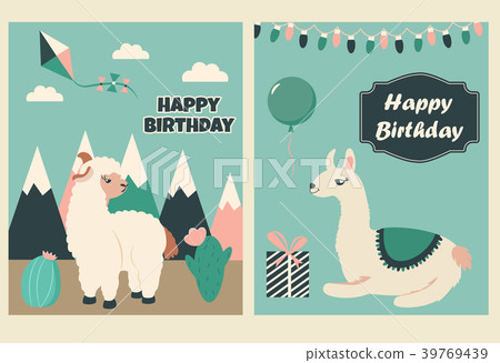 Holiday birthday card with cute lama in mountains Holiday birthday card with cute lama in mountains 39769439